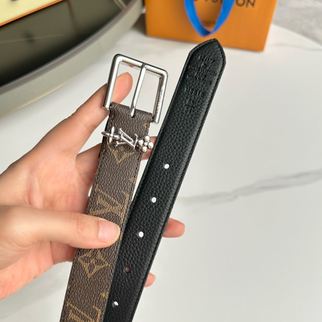 LOUIS VUITTON LV BLOOM 30MM BELT IN BROWN MONOGRAM CALFSKIN SILVER HARDWARE