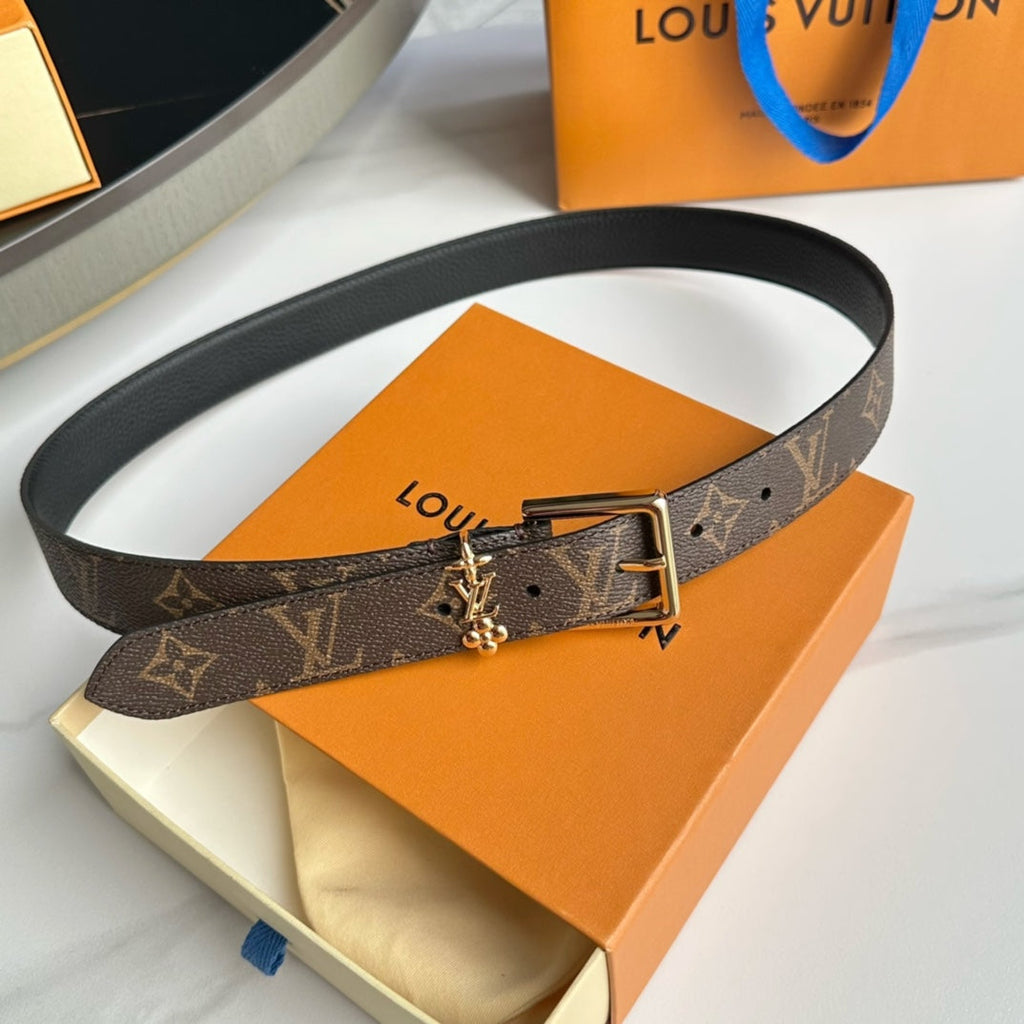 LOUIS VUITTON LV Bloom 30mm Belt Gold Buckle Black Brown Leather