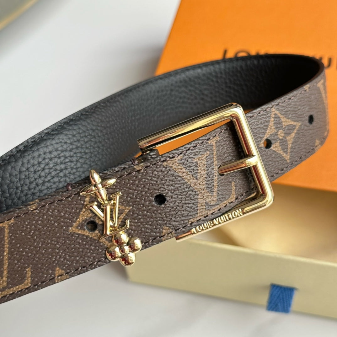 LOUIS VUITTON LV BLOOM 30MM BELT IN BROWN MONOGRAM CALFSKIN GOLD HARDWARE