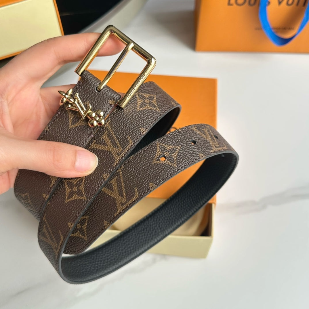 LOUIS VUITTON LV Bloom 30mm Belt Gold Buckle Black Brown Leather