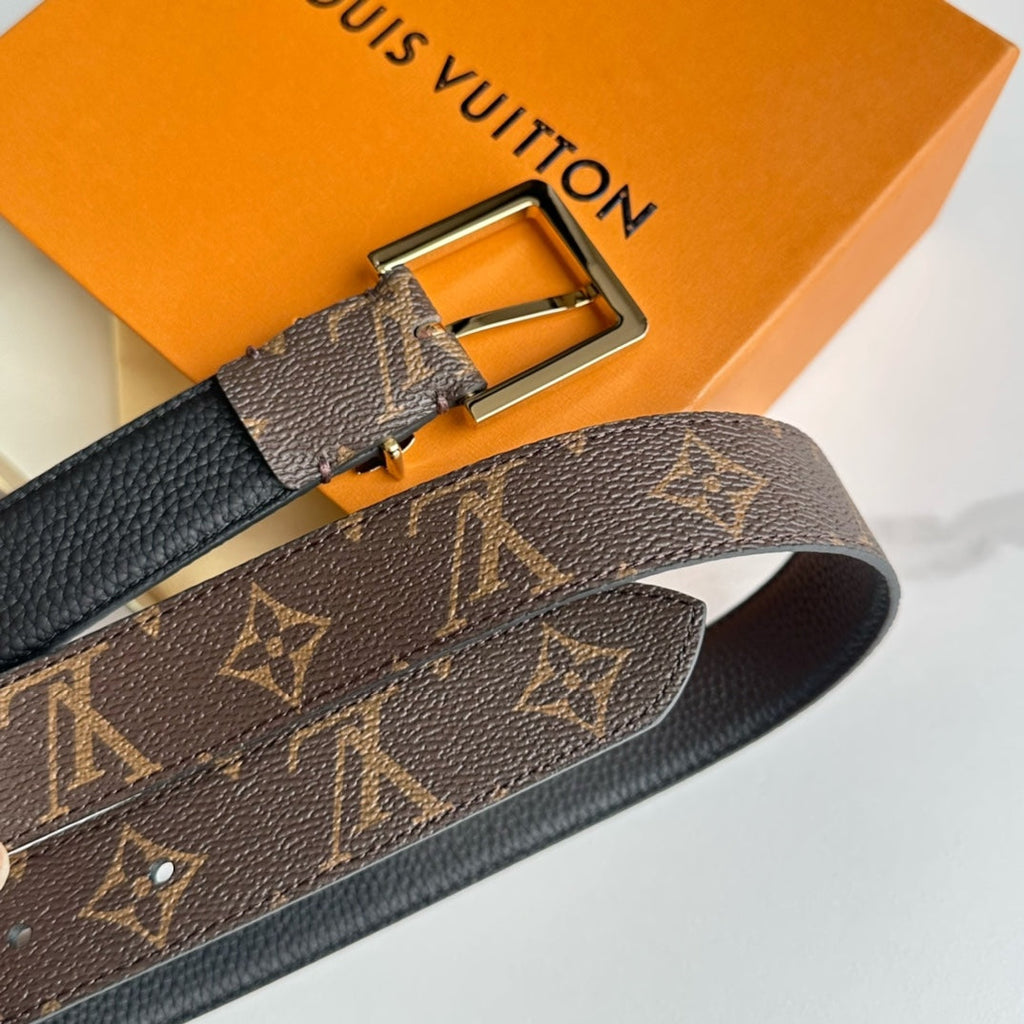 LOUIS VUITTON LV Bloom 30mm Belt Gold Buckle Black Brown Leather