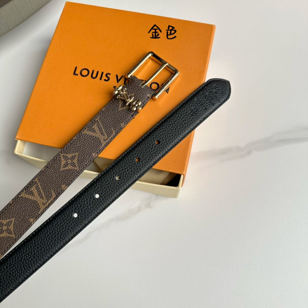LOUIS VUITTON LV Bloom 30mm Belt Gold Buckle Black Brown Leather
