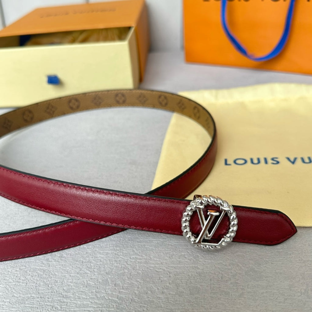 LOUIS VUITTON LV Circle Nautical 20mm Reversible Belt Silver Buckle Burgundy Light Brown Lambskin