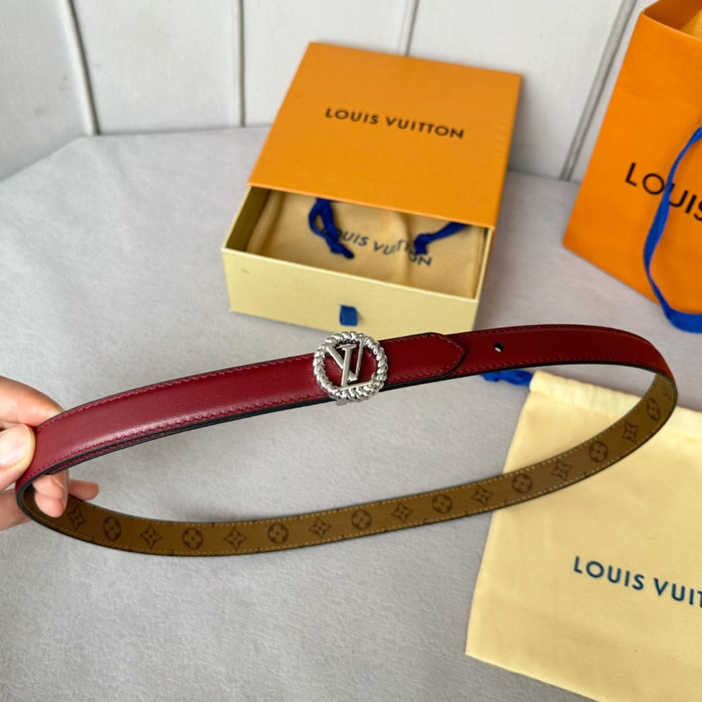 LOUIS VUITTON LV Circle Nautical 20mm Reversible Belt Silver Buckle Burgundy Light Brown Lambskin