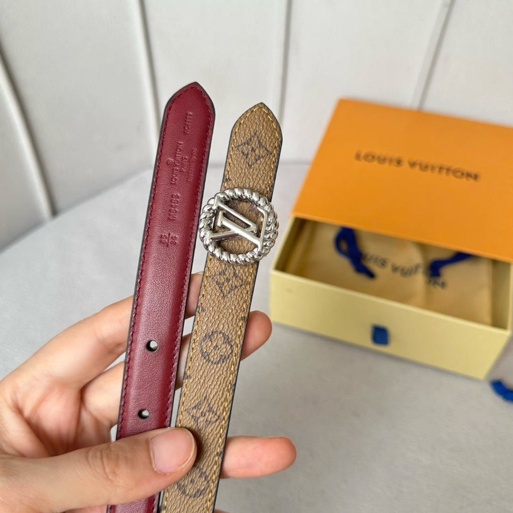 LOUIS VUITTON LV Circle Nautical 20mm Reversible Belt Silver Buckle Burgundy Light Brown Lambskin