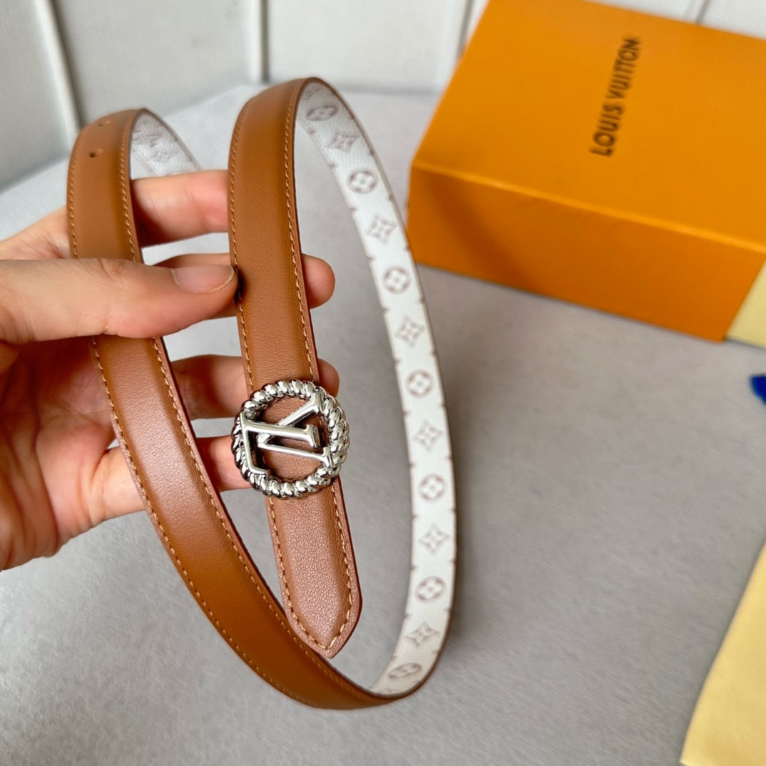 LOUIS VUITTON LV Circle Nautical 20mm Reversible Belt Silver Buckle Tan White Lambskin