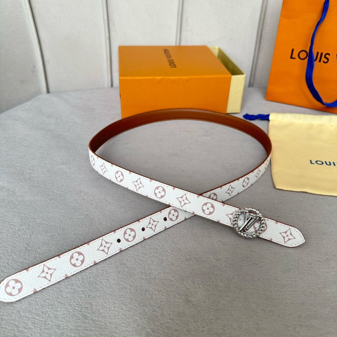 LOUIS VUITTON LV Circle Nautical 20mm Reversible Belt Silver Buckle Tan White Lambskin