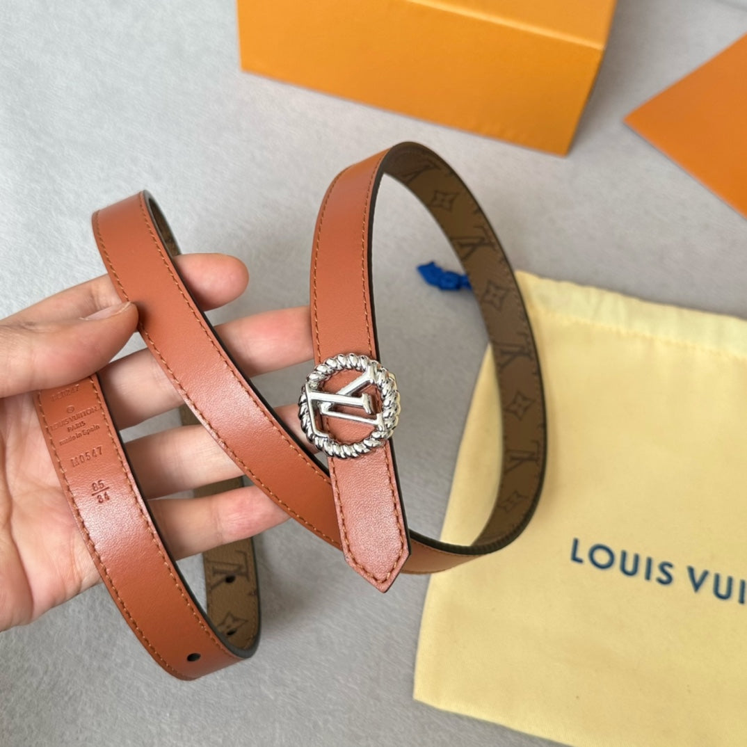 LOUIS VUITTON LV Circle Nautical 20mm Reversible Belt Silver Buckle Tan Light Brown Lambskin