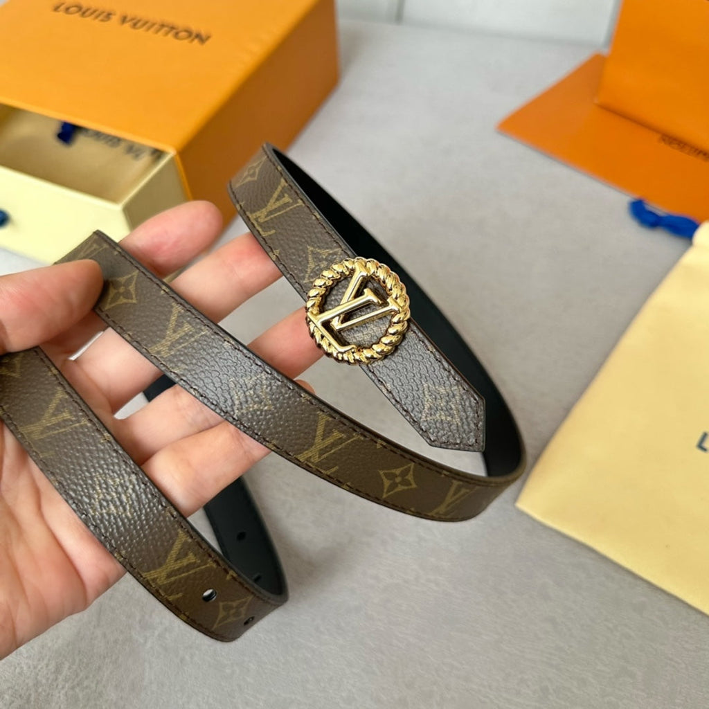 LOUIS VUITTON LV Circle Nautical 20mm Reversible Belt Gold Buckle Black Brown Lambskin