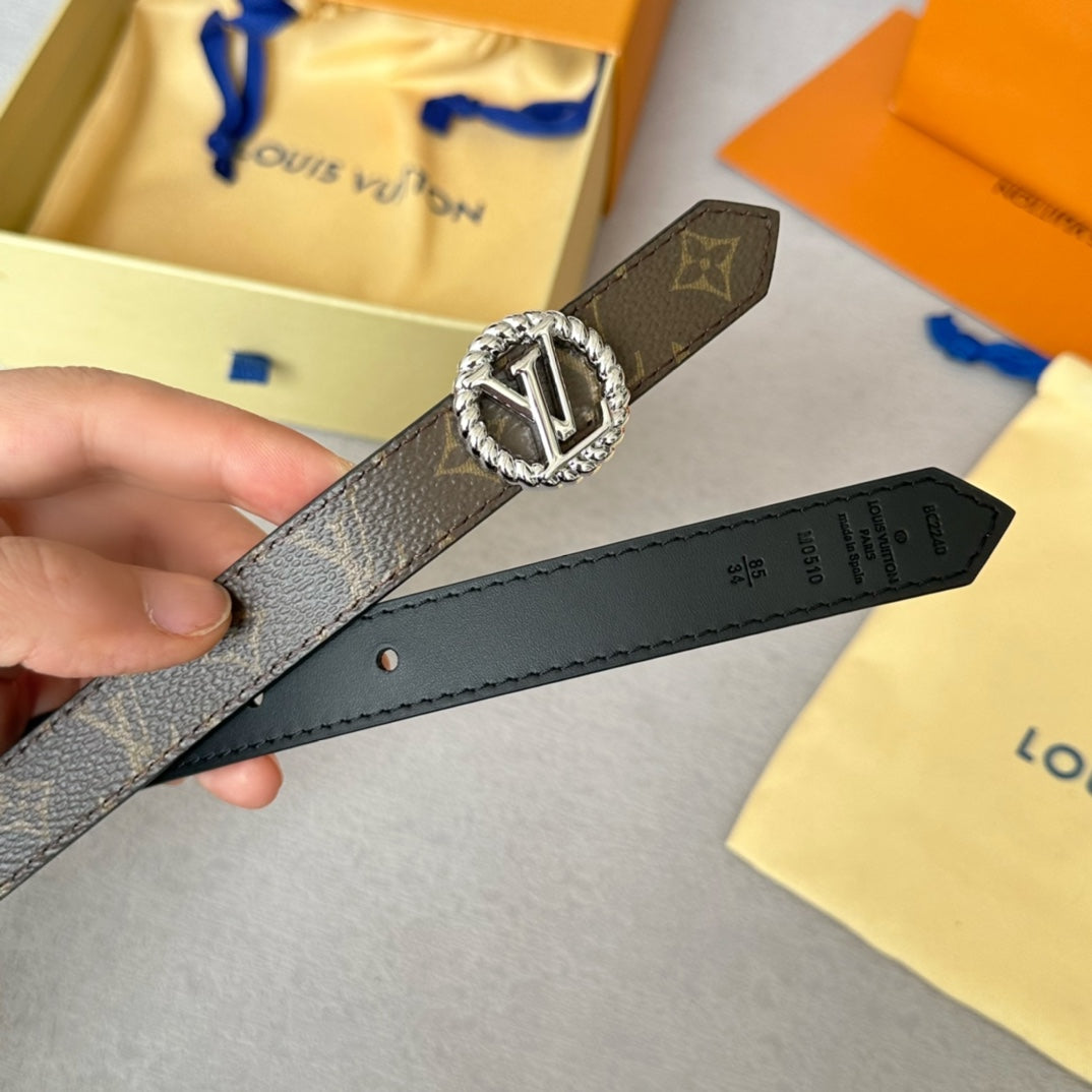 LOUIS VUITTON LV Circle Nautical 20mm Reversible Belt Silver Buckle Black Brown Lambskin