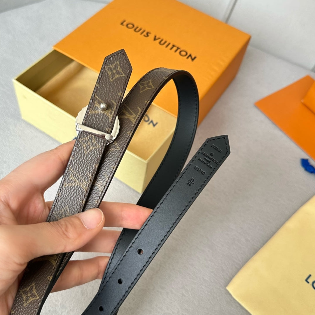 LOUIS VUITTON LV Circle Nautical 20mm Reversible Belt Silver Buckle Black Brown Lambskin