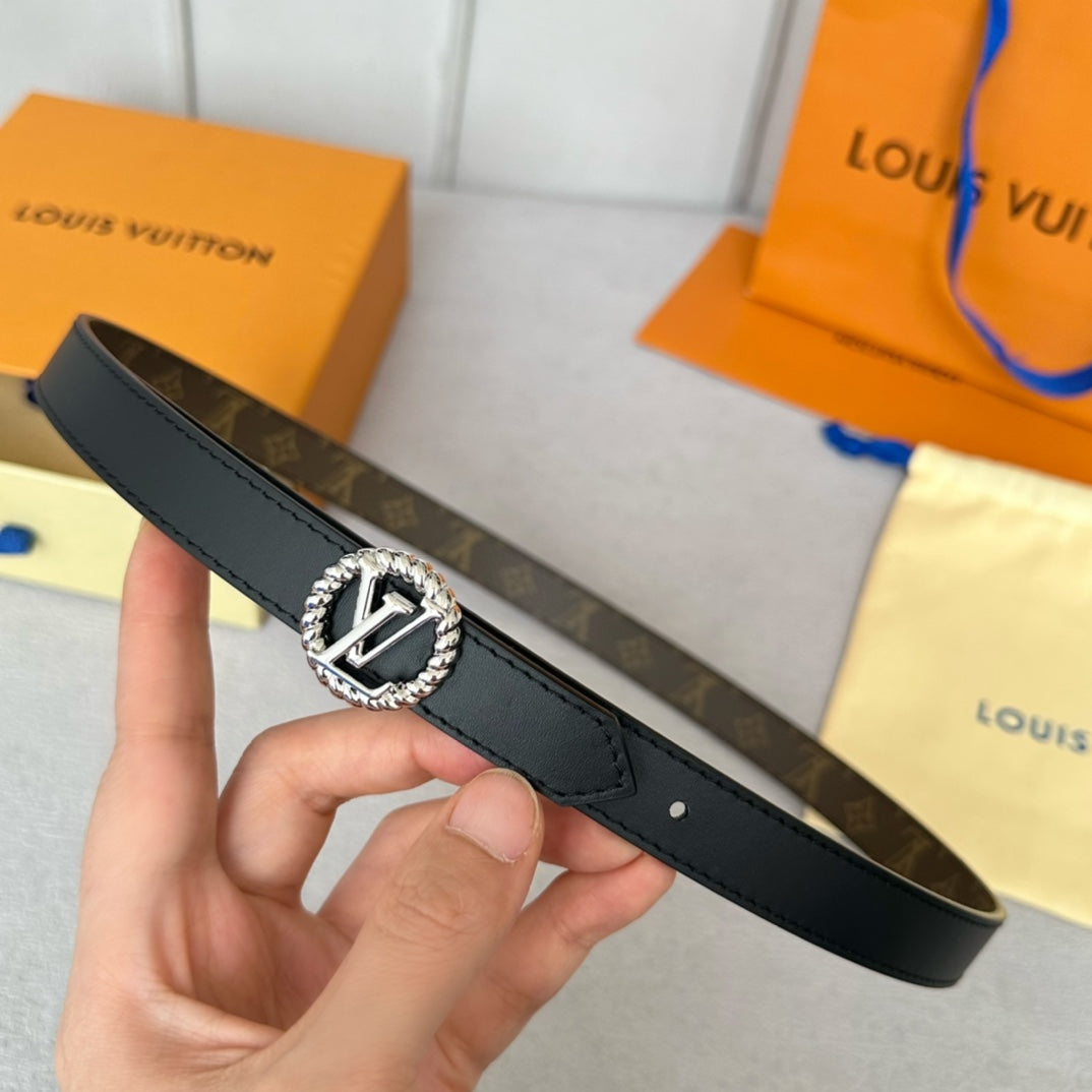 LOUIS VUITTON LV Circle Nautical 20mm Reversible Belt Silver Buckle Black Brown Lambskin