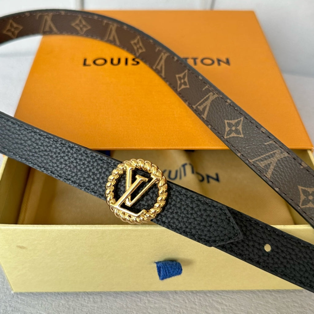 LOUIS VUITTON LV Circle Nautical 20mm Reversible Belt Gold Buckle Black Brown Leather