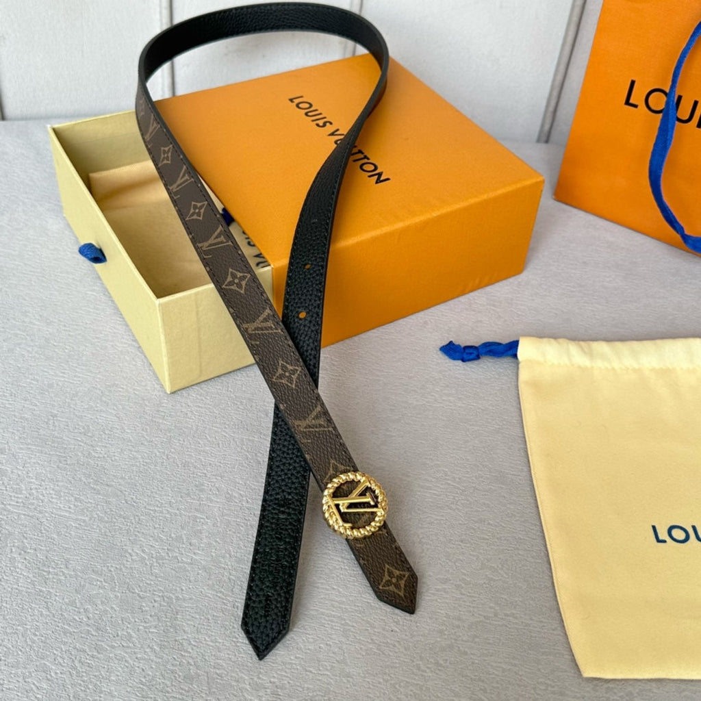 LOUIS VUITTON LV Circle Nautical 20mm Reversible Belt Gold Buckle Black Brown Leather