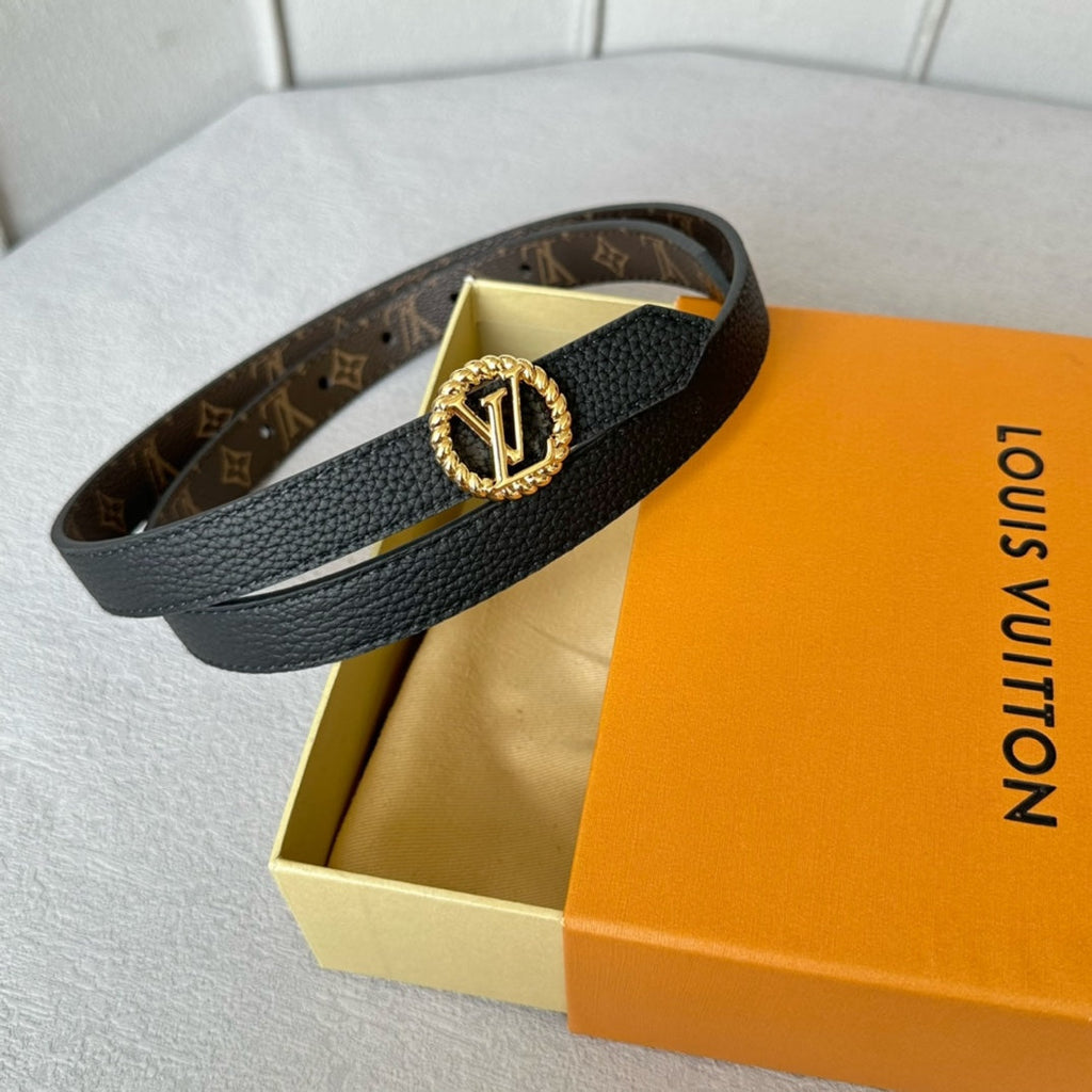 LOUIS VUITTON LV Circle Nautical 20mm Reversible Belt Gold Buckle Black Brown Leather