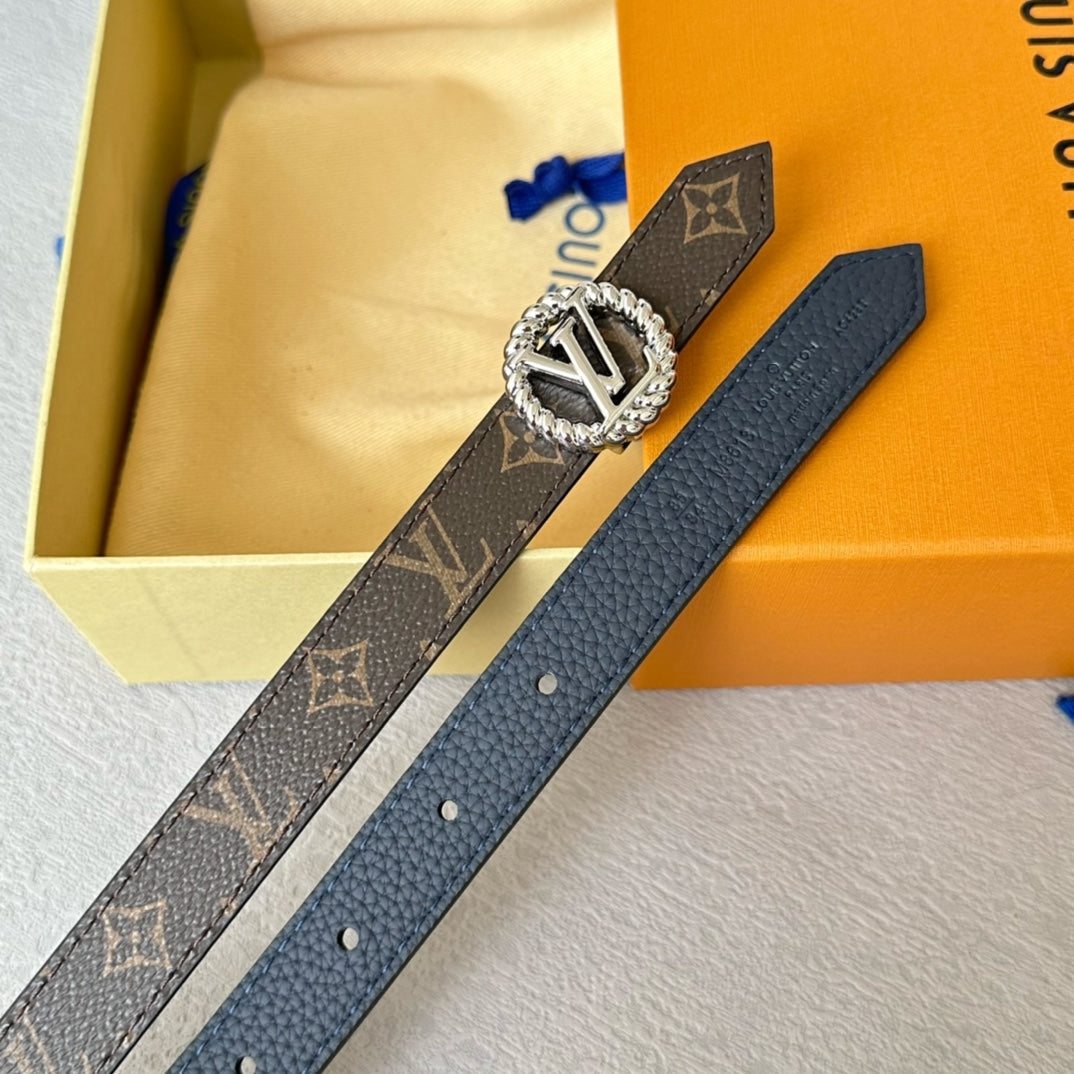 LOUIS VUITTON LV Circle Nautical 20mm Reversible Belt Silver Buckle Navy Blue Brown Leather