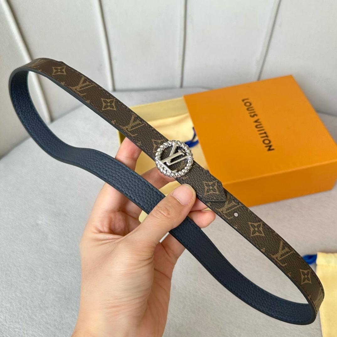 LOUIS VUITTON LV Circle Nautical 20mm Reversible Belt Silver Buckle Navy Blue Brown Leather