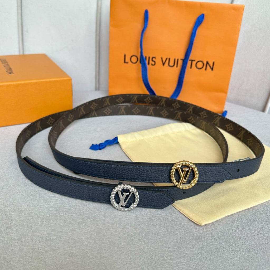 LOUIS VUITTON LV Circle Nautical 20mm Reversible Belt Silver Buckle Navy Blue Brown Leather