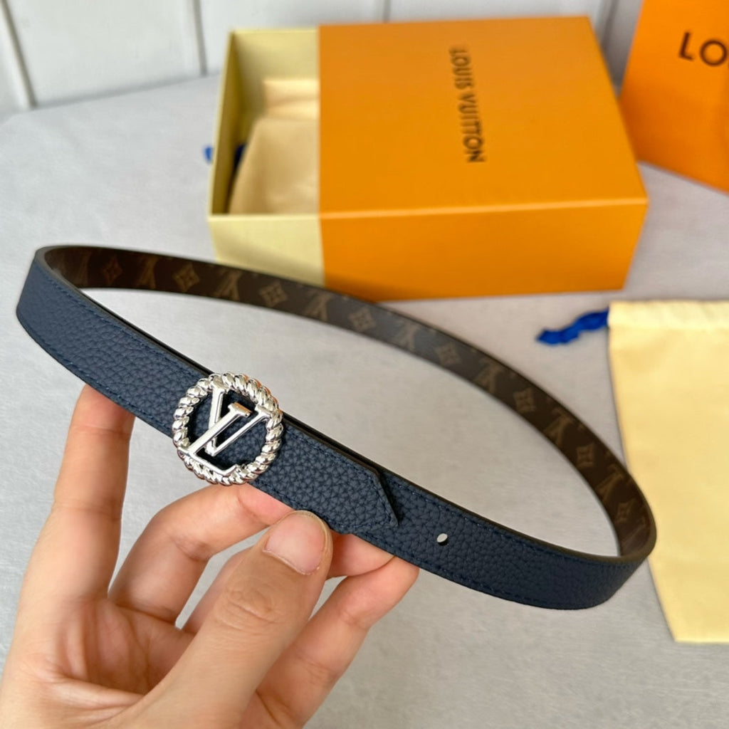 LOUIS VUITTON LV Circle Nautical 20mm Reversible Belt Silver Buckle Navy Blue Brown Leather