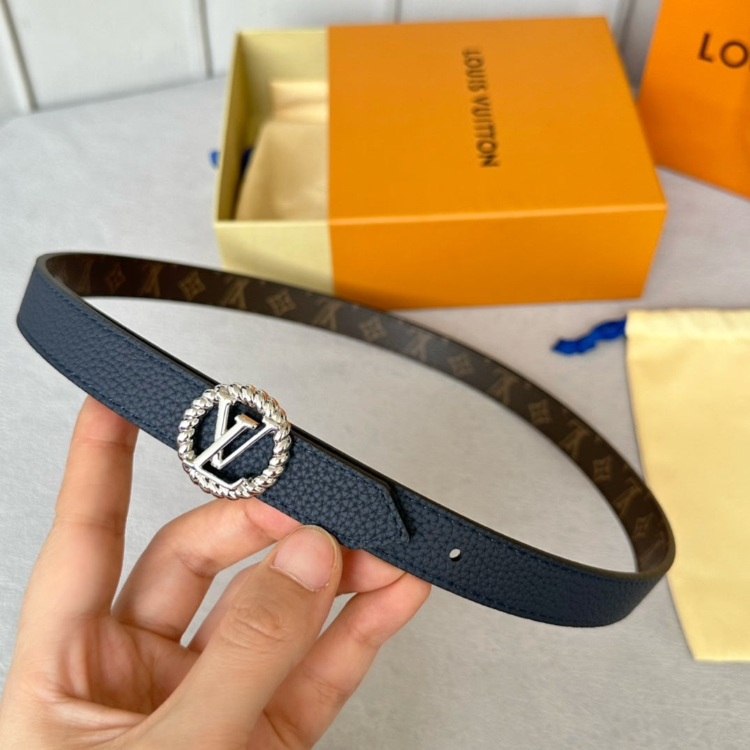 LOUIS VUITTON LV Circle Nautical 20mm Reversible Belt Silver Buckle Navy Blue Brown Leather