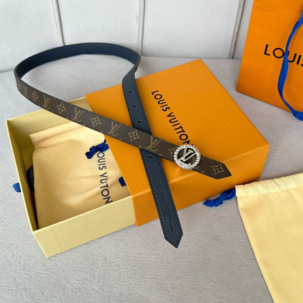 LOUIS VUITTON LV Circle Nautical 20mm Reversible Belt Silver Buckle Navy Blue Brown Leather
