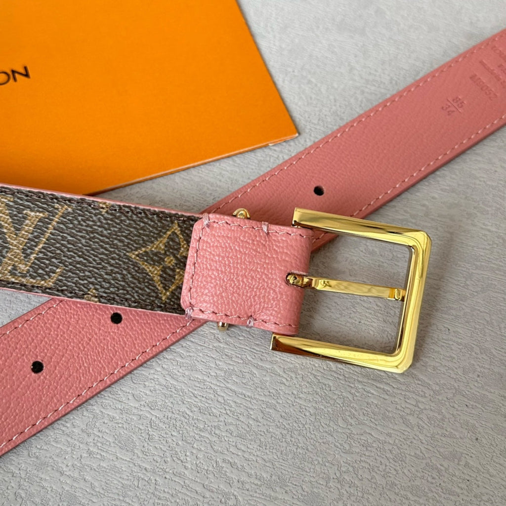 LOUIS VUITTON LV Bloom 30mm Belt Gold Buckle Pink Brown Leather