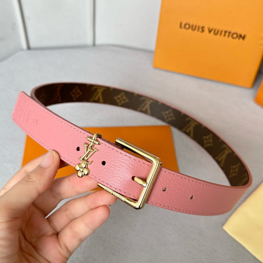 LOUIS VUITTON LV Bloom 30mm Belt Gold Buckle Pink Brown Leather