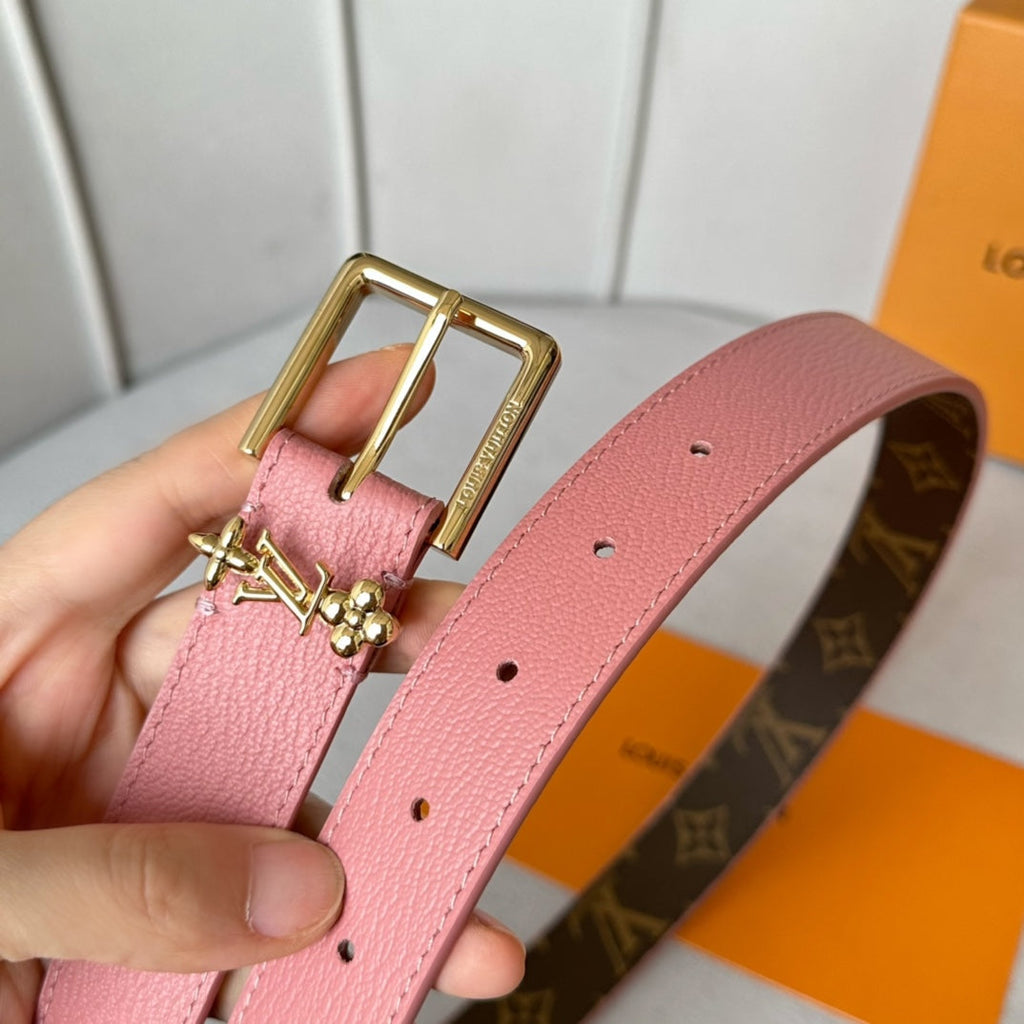 LOUIS VUITTON LV Bloom 30mm Belt Gold Buckle Pink Brown Leather