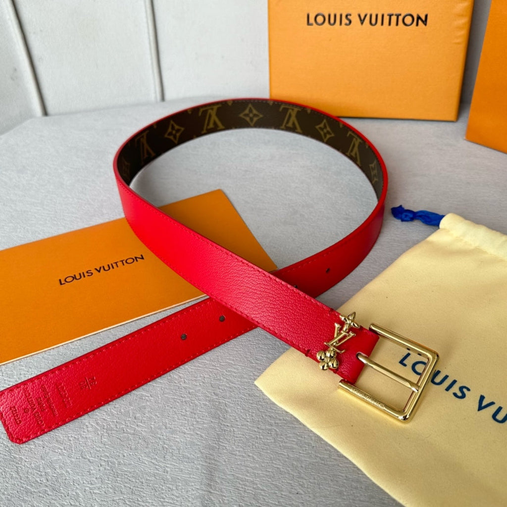 LOUIS VUITTON LV BLOOM 30MM BELT IN ROSE RED CALFSKIN GOLD HARDWARE