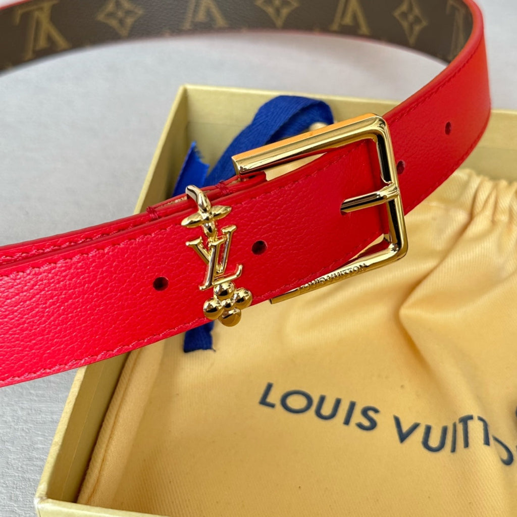 LOUIS VUITTON LV Bloom 30mm Belt Gold Buckle Red Brown Leather