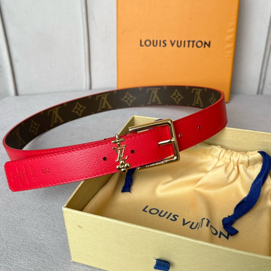 LOUIS VUITTON LV Bloom 30mm Belt Gold Buckle Red Brown Leather