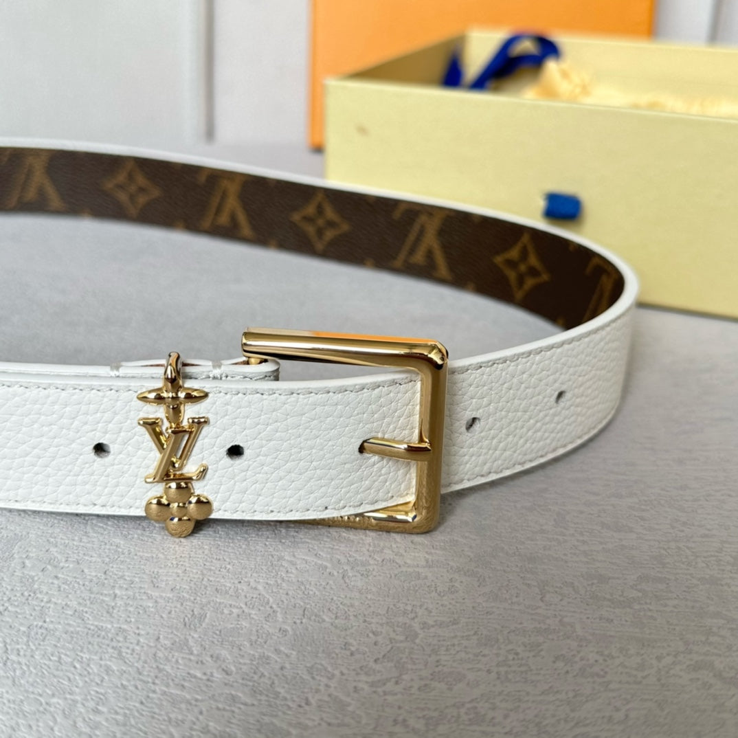 LOUIS VUITTON LV Bloom 30mm Belt Gold Buckle White Brown Leather