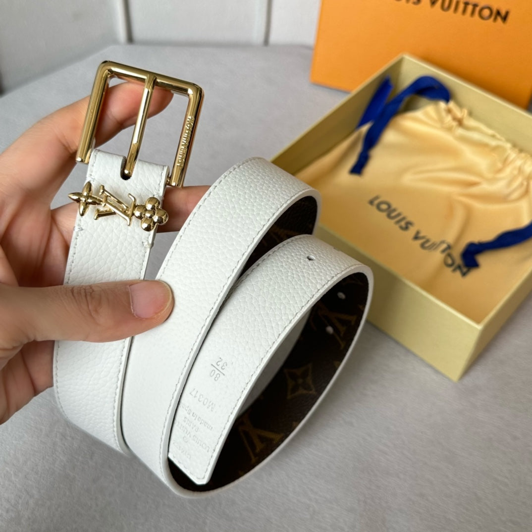 LOUIS VUITTON LV BLOOM 30MM BELT IN WHITE CALFSKIN GOLD HARDWARE