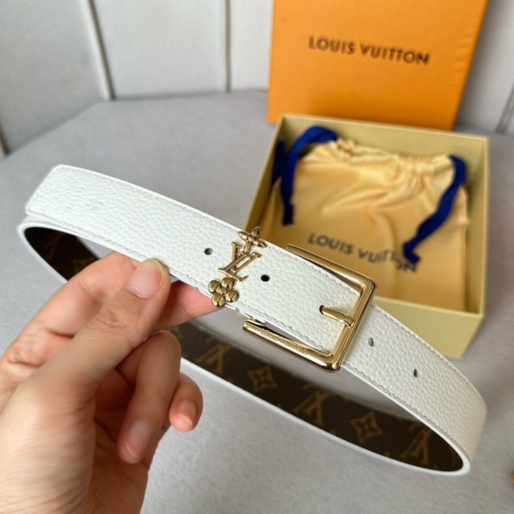 LOUIS VUITTON LV BLOOM 30MM BELT IN WHITE CALFSKIN GOLD HARDWARE