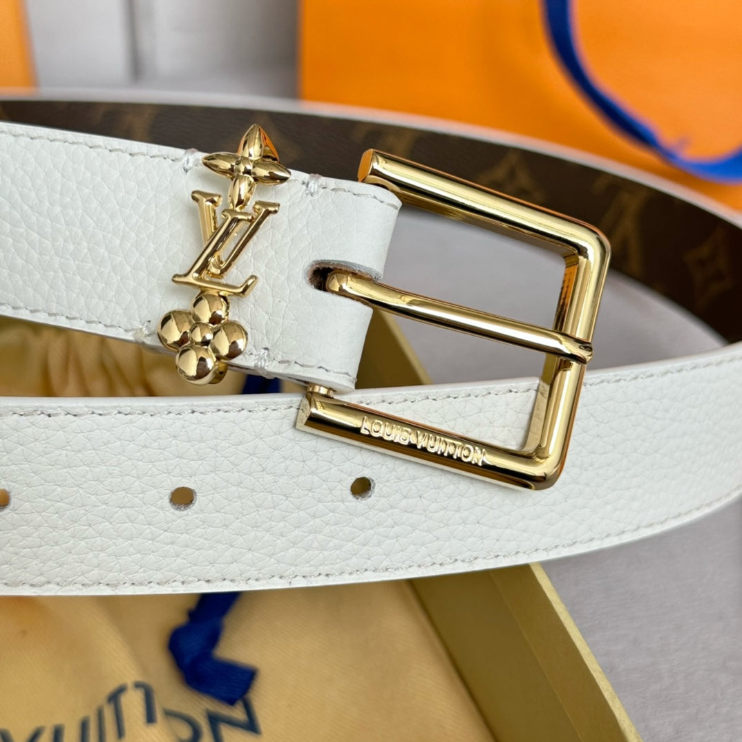 LOUIS VUITTON LV Bloom 30mm Belt Gold Buckle White Brown Leather