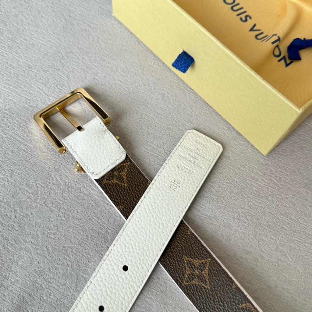 LOUIS VUITTON LV Bloom 30mm Belt Gold Buckle White Brown Leather