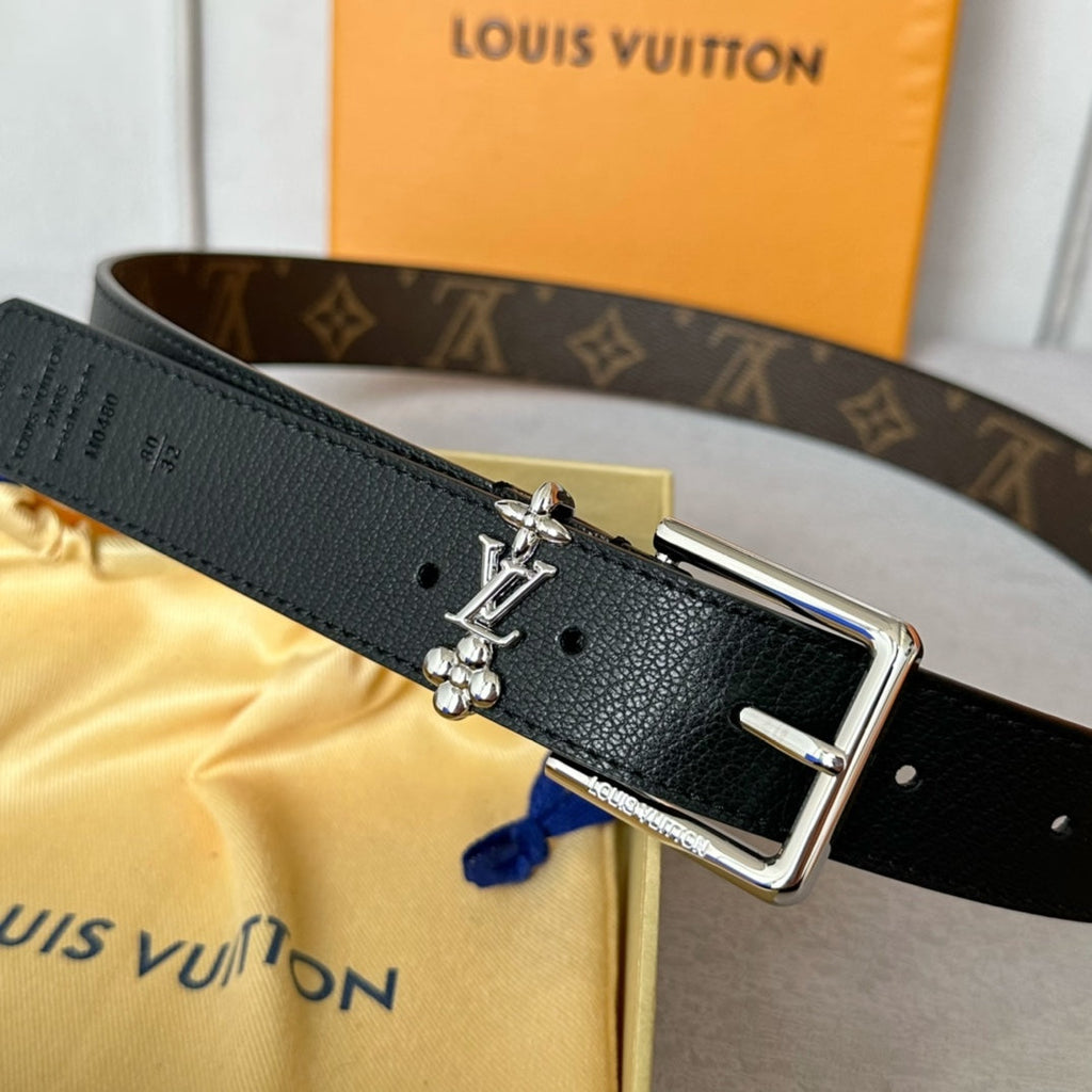 LOUIS VUITTON LV Bloom 30mm Belt Silver Buckle Black Brown Leather