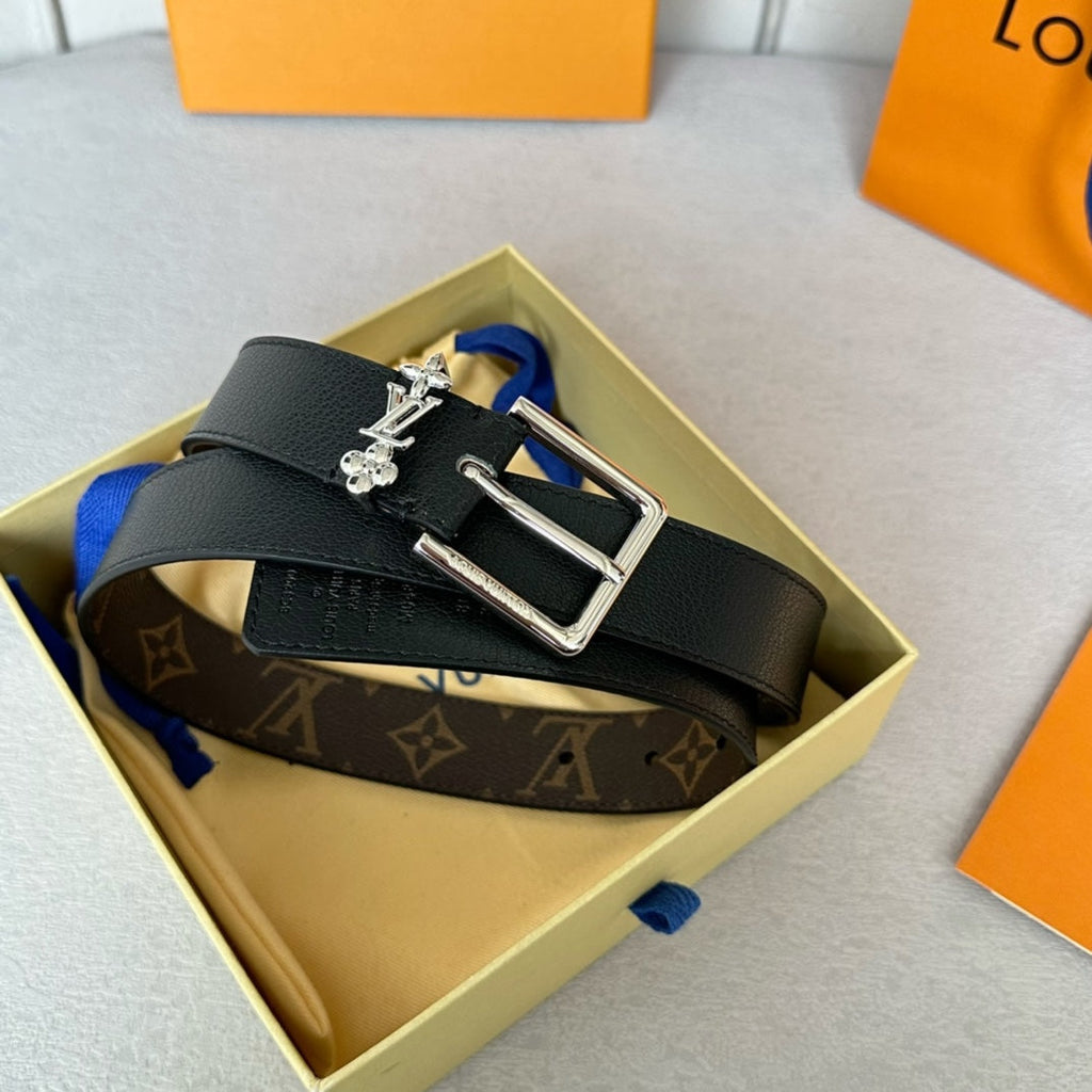 LOUIS VUITTON LV Bloom 30mm Belt Silver Buckle Black Brown Leather