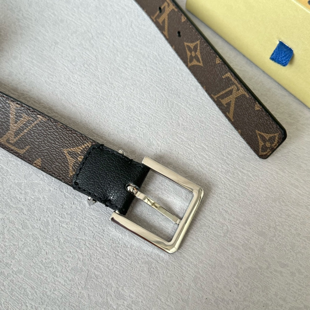 LOUIS VUITTON LV Bloom 30mm Belt Silver Buckle Black Brown Leather