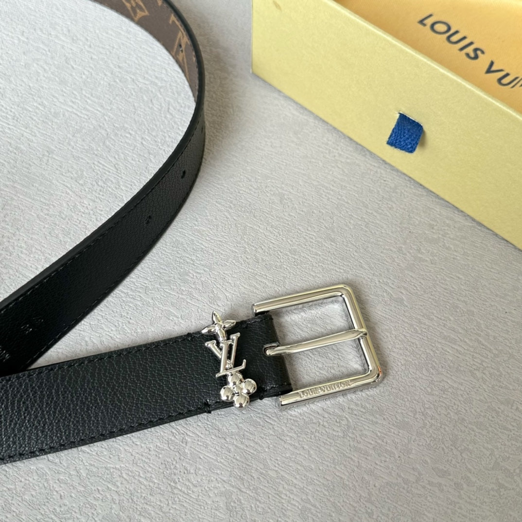 LOUIS VUITTON LV Bloom 30mm Belt Silver Buckle Black Brown Leather