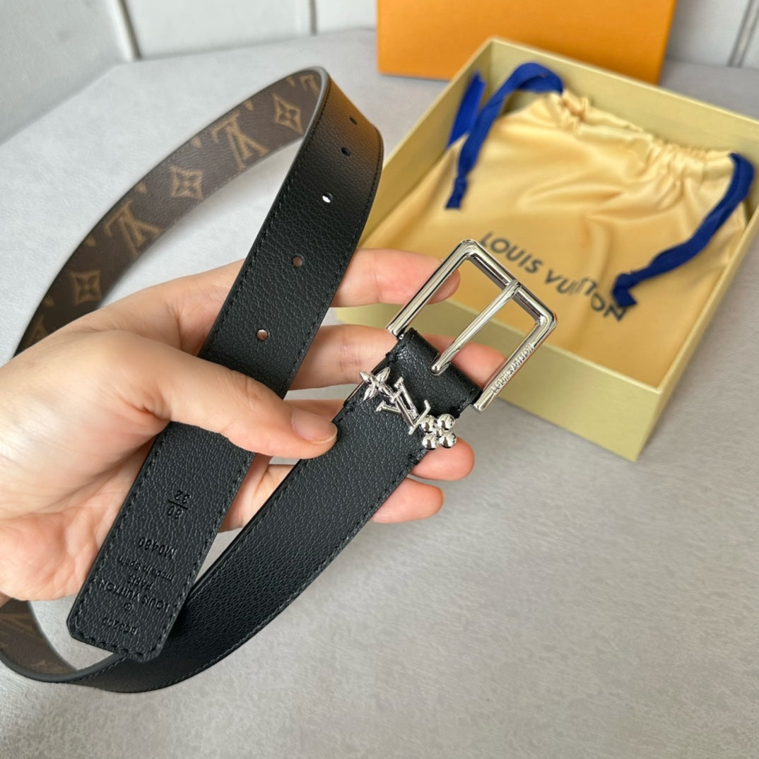LOUIS VUITTON LV Bloom 30mm Belt Silver Buckle Black Brown Leather