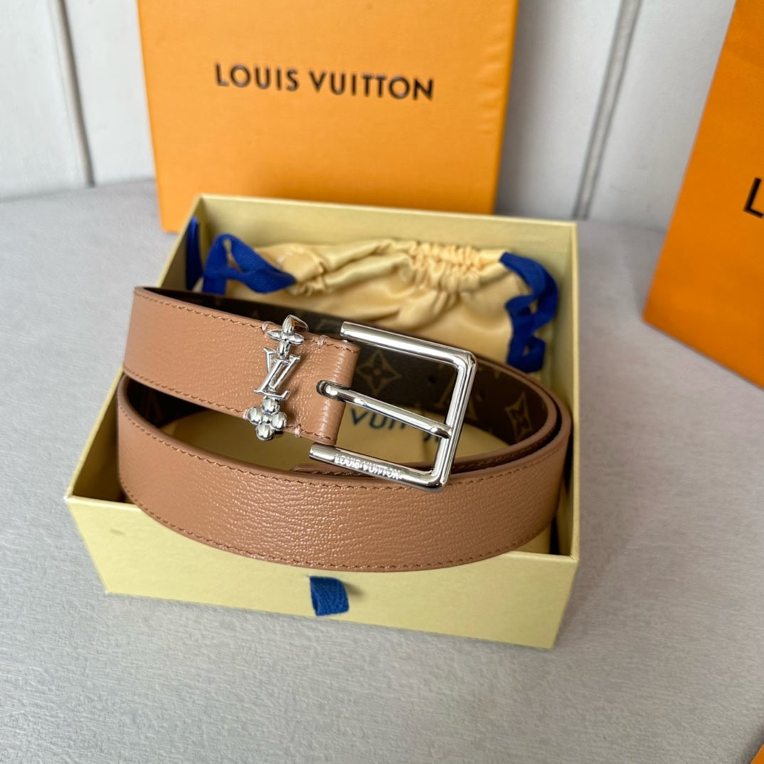 LOUIS VUITTON LV Bloom 30mm Belt Silver Buckle Beige Brown Leather