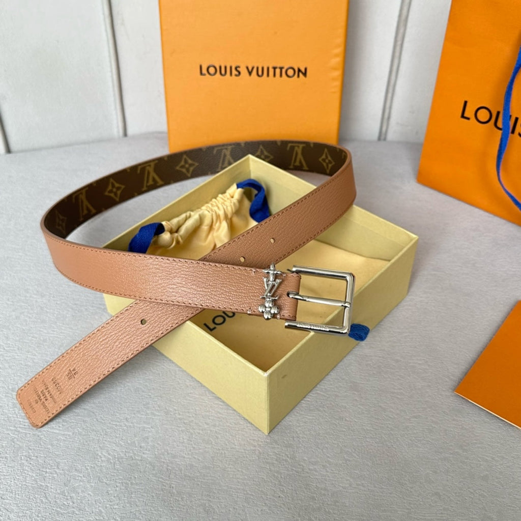 LOUIS VUITTON LV Bloom 30mm Belt Silver Buckle Beige Brown Leather
