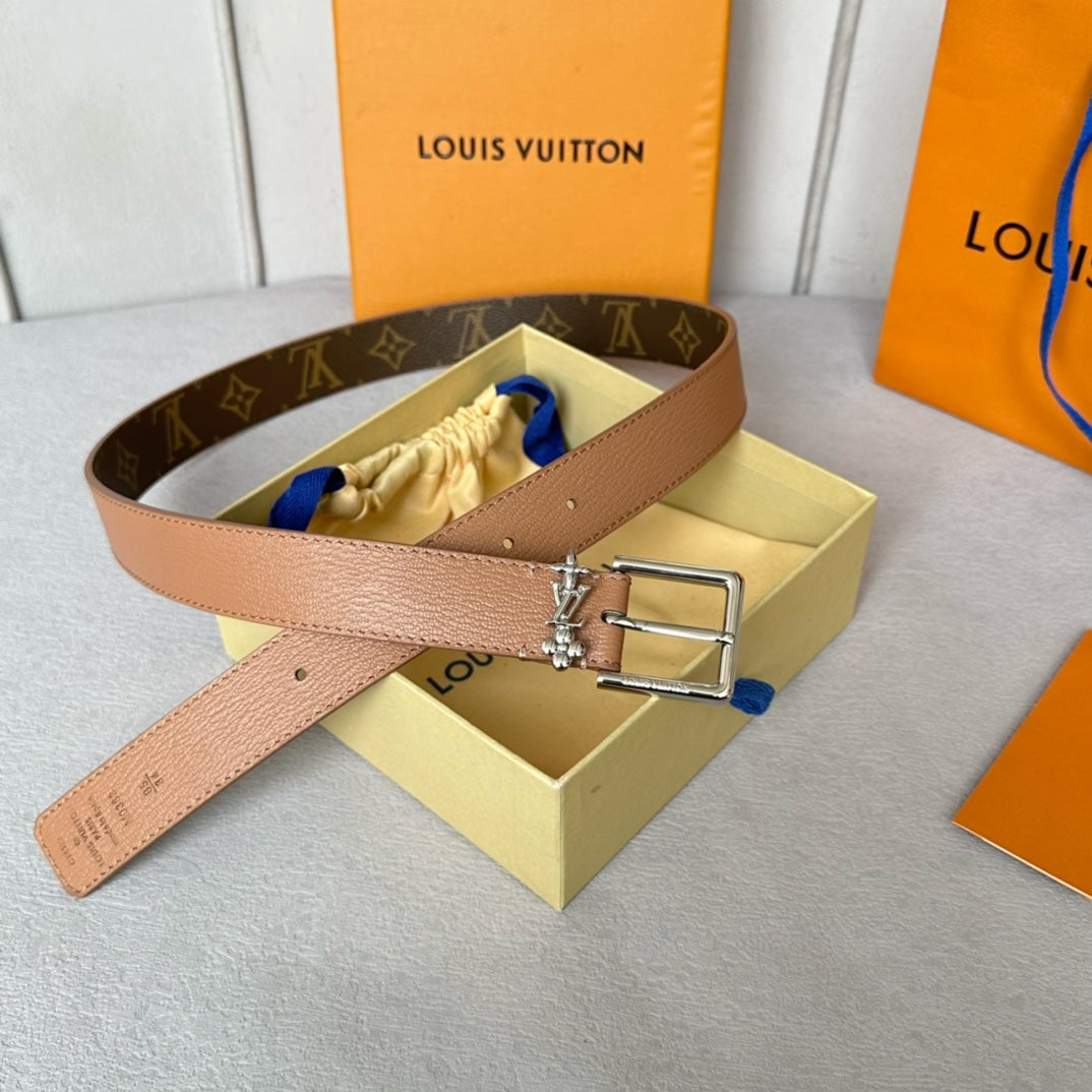 LOUIS VUITTON LV Bloom 30mm Belt Silver Buckle Beige Brown Leather