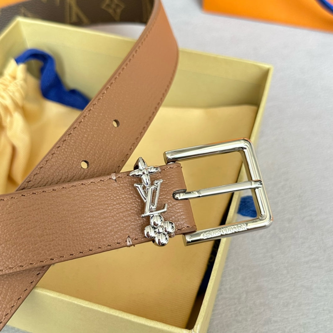 LOUIS VUITTON LV Bloom 30mm Belt Silver Buckle Beige Brown Leather