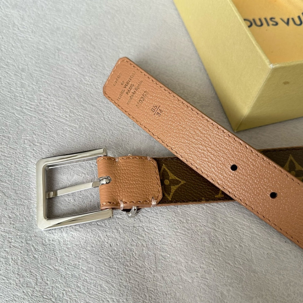 LOUIS VUITTON LV Bloom 30mm Belt Silver Buckle Beige Brown Leather