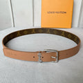 LOUIS VUITTON LV Bloom 30mm Belt Silver Buckle Beige Brown Leather