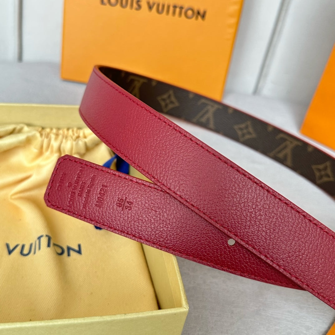 LOUIS VUITTON LV Bloom 30mm Belt Silver Buckle Burgundy Brown Leather