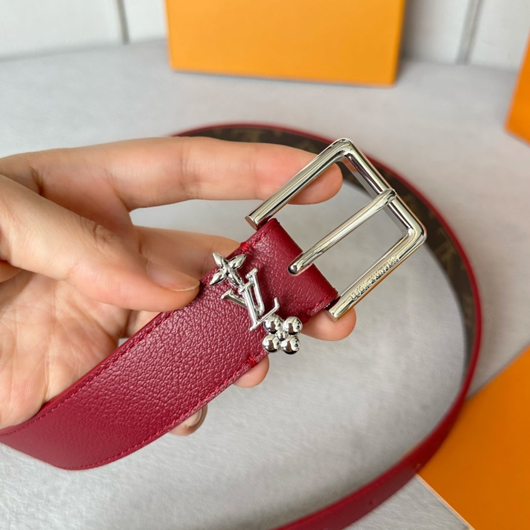LOUIS VUITTON LV Bloom 30mm Belt Silver Buckle Burgundy Brown Leather