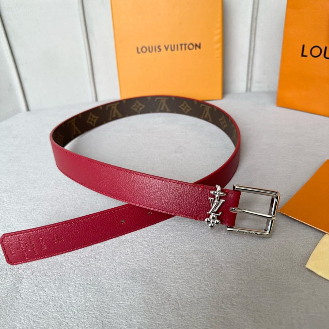LOUIS VUITTON LV Bloom 30mm Belt Silver Buckle Burgundy Brown Leather